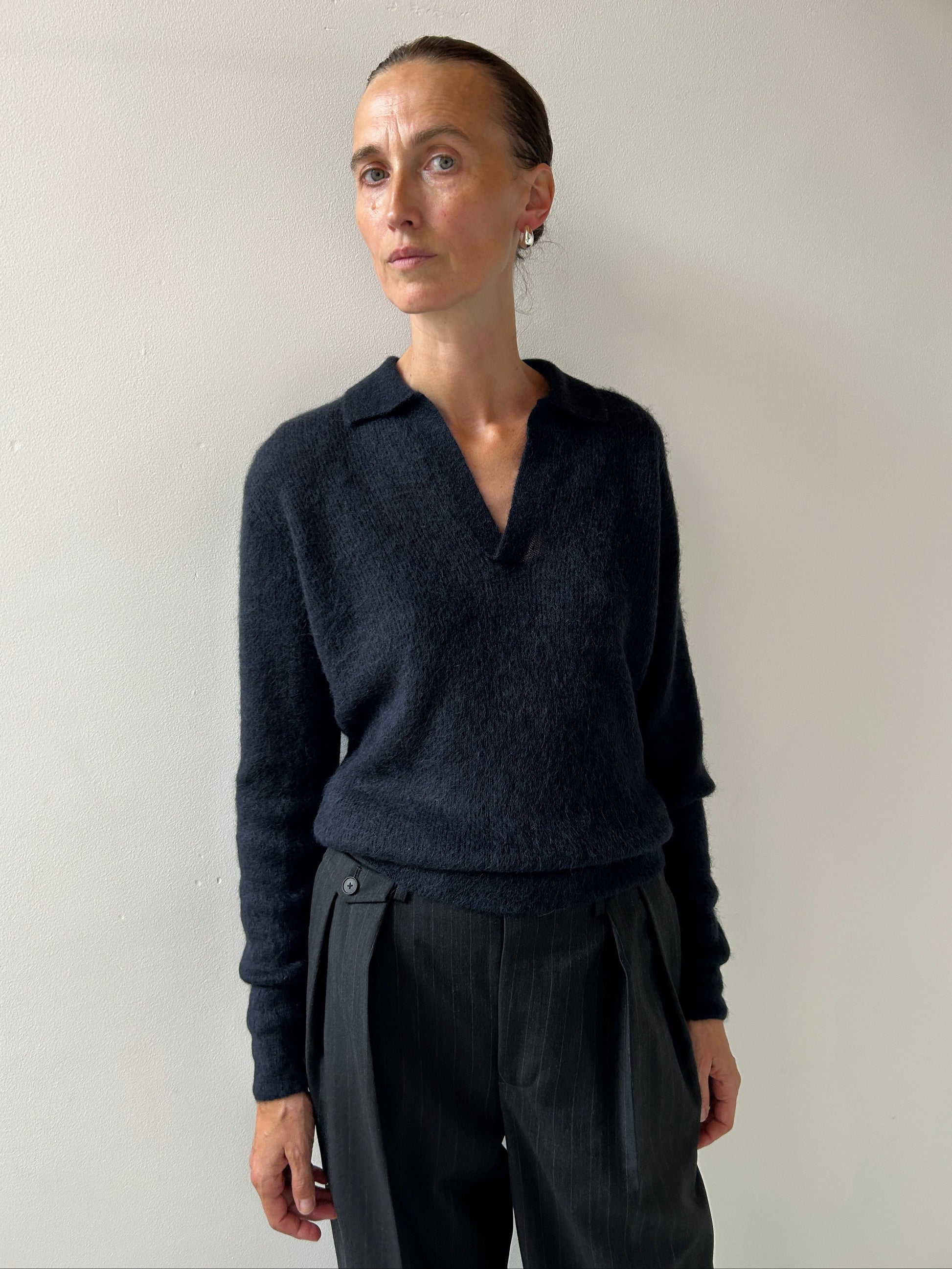 Alpaca Sheer Knit Polo, Navy Auralee