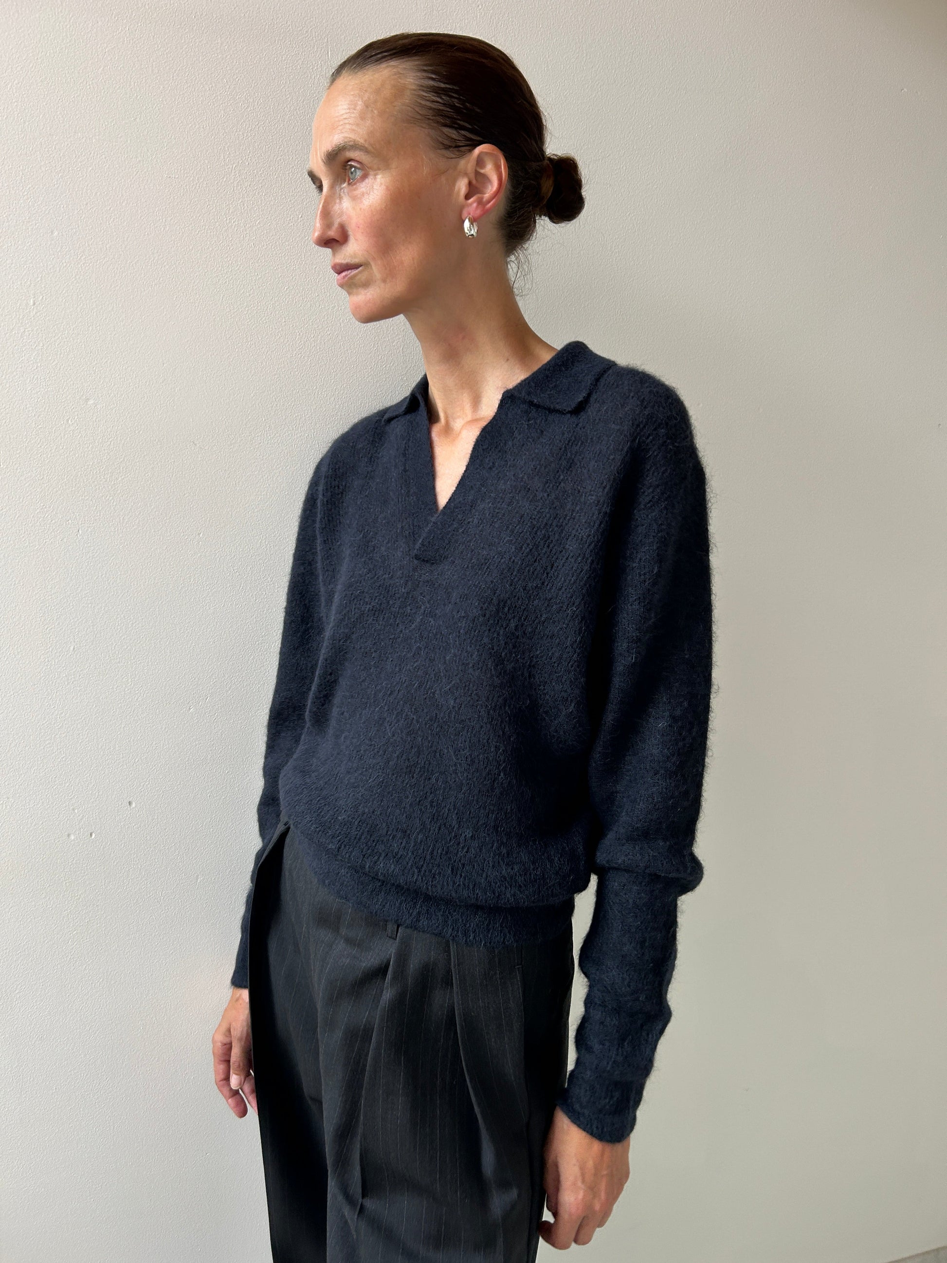 Alpaca Sheer Knit Polo, Navy Auralee