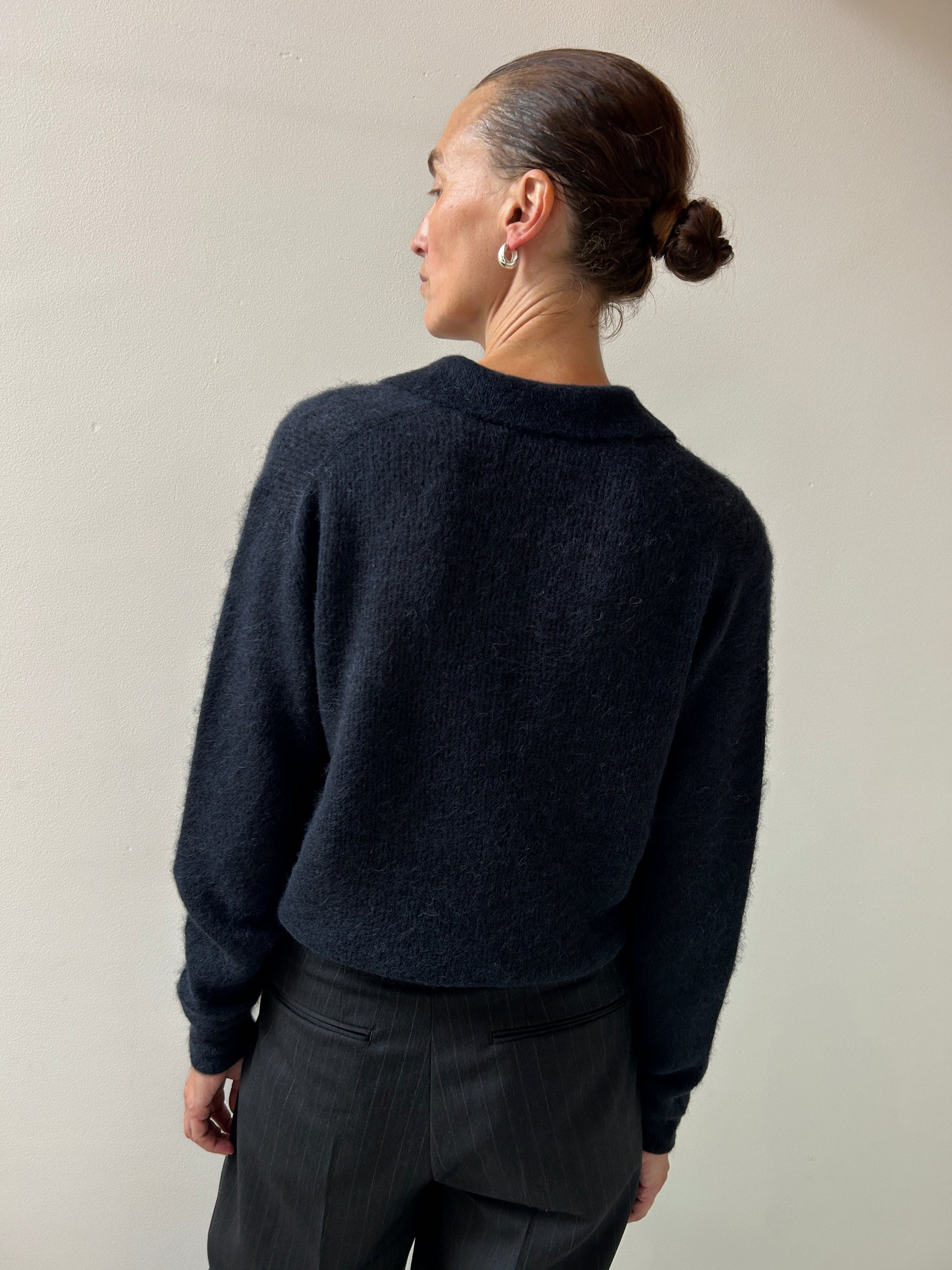 Alpaca Sheer Knit Polo, Navy Auralee