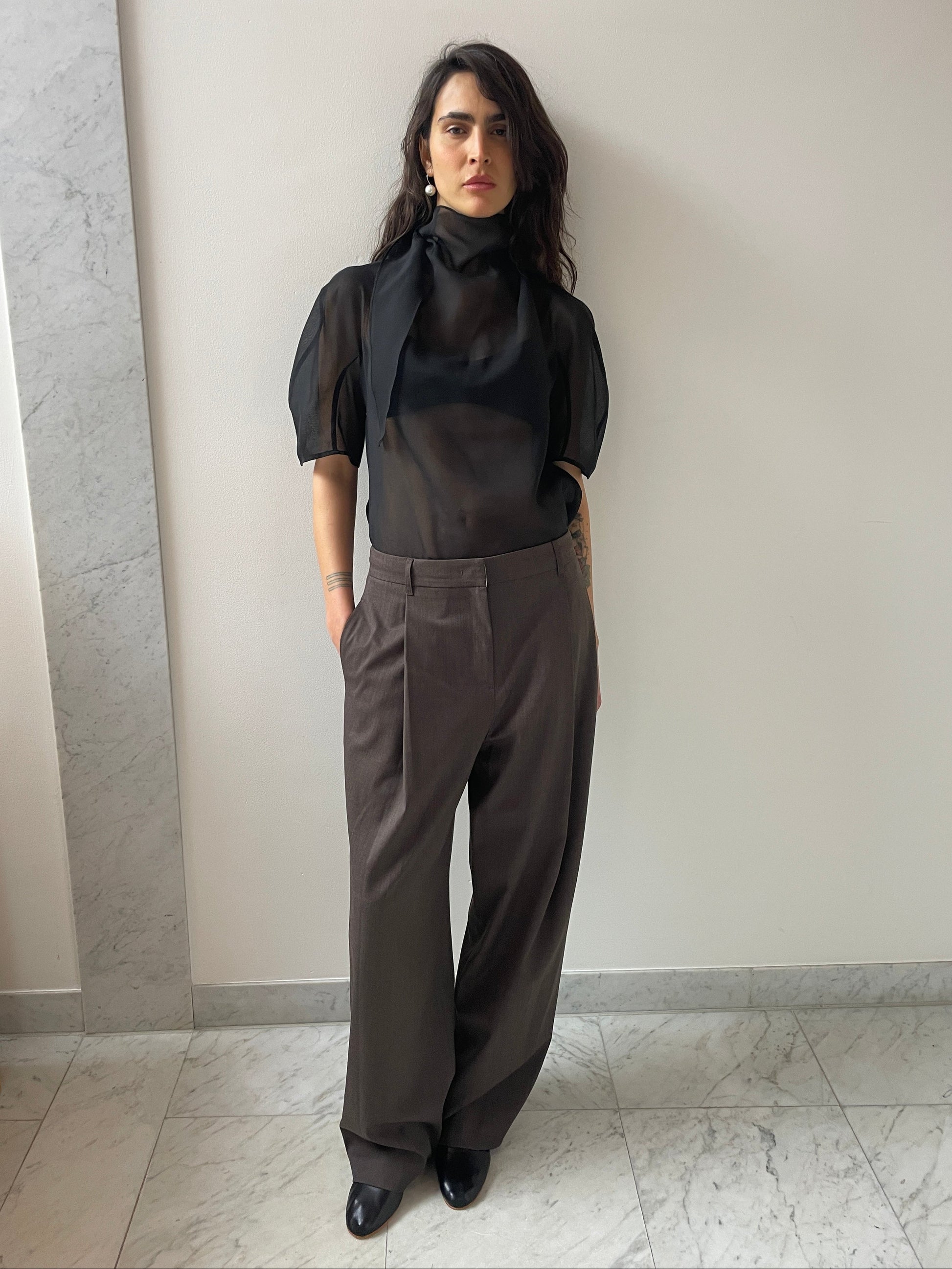 Wide Tuck Pants, Brown Amomento