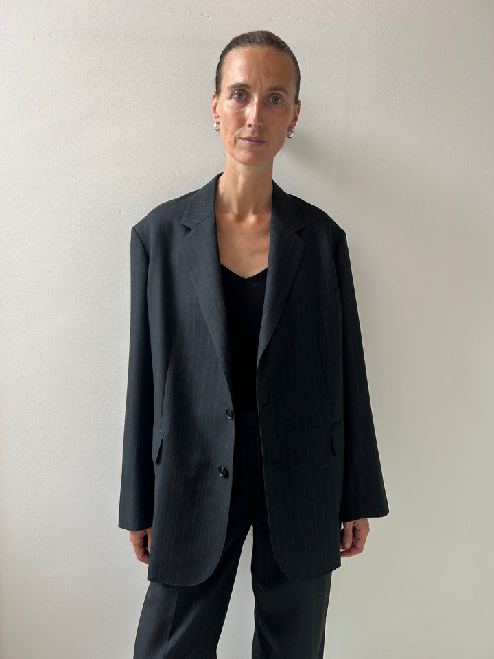 Bluefaced Wool Jacket, Charcoal Navy Stripe Auralee