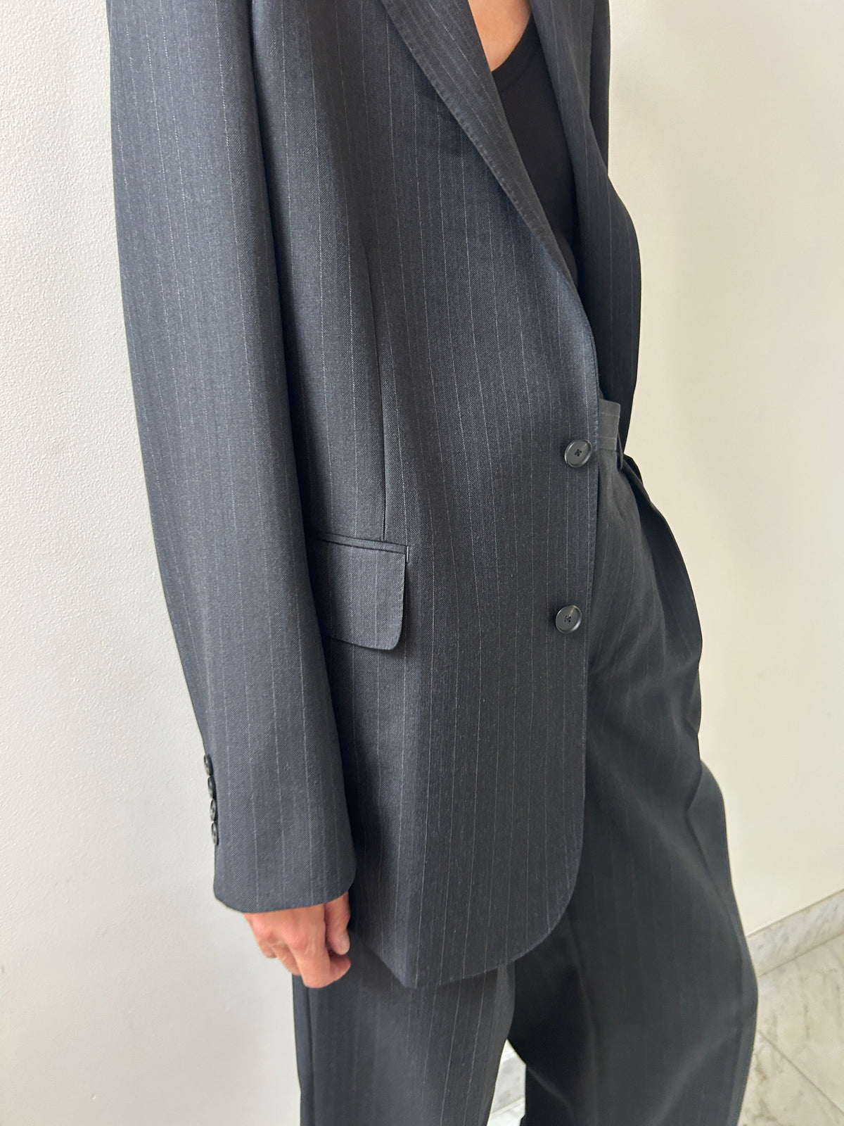 Bluefaced Wool Jacket, Charcoal Navy Stripe Auralee