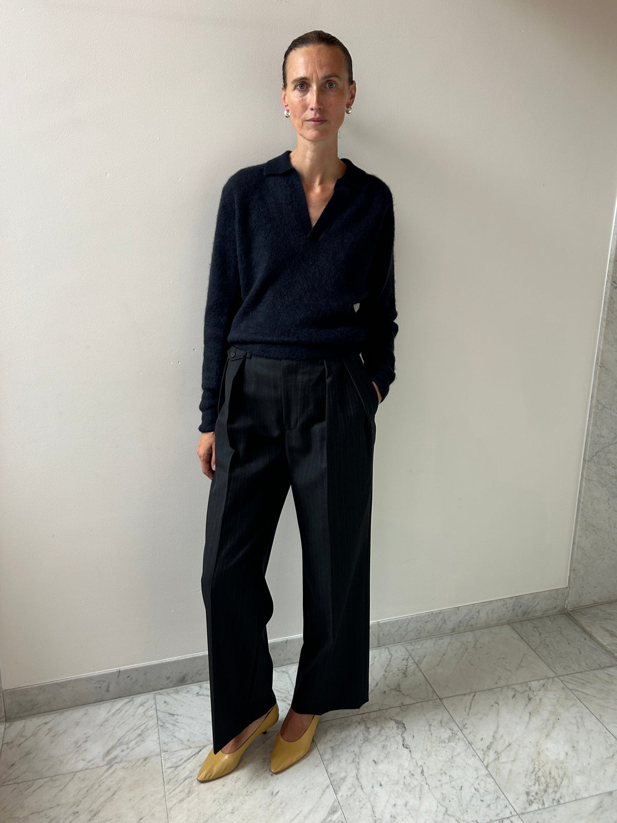 Bluefaced Wool Two-Tuck Slacks, Charcoal Navy Stripe Auralee