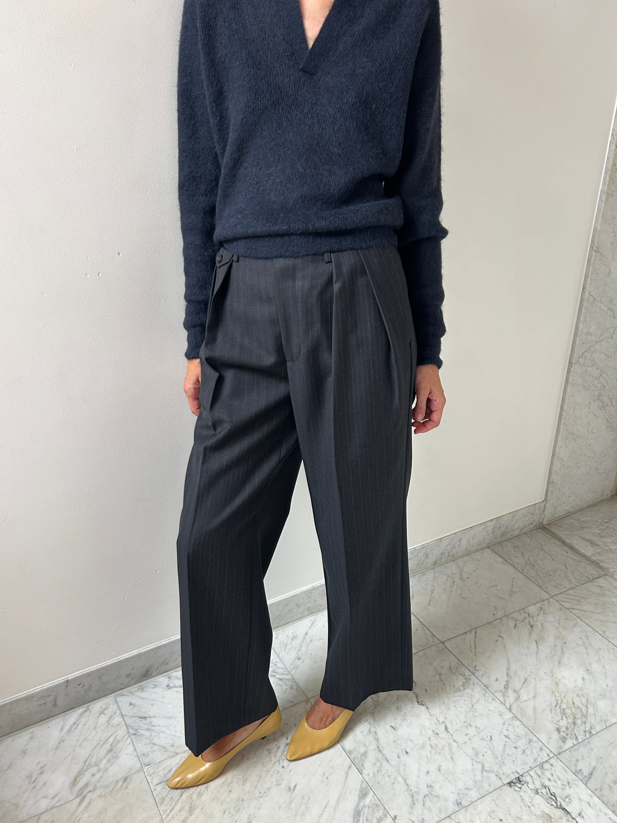 Bluefaced Wool Two-Tuck Slacks, Charcoal Navy Stripe Auralee