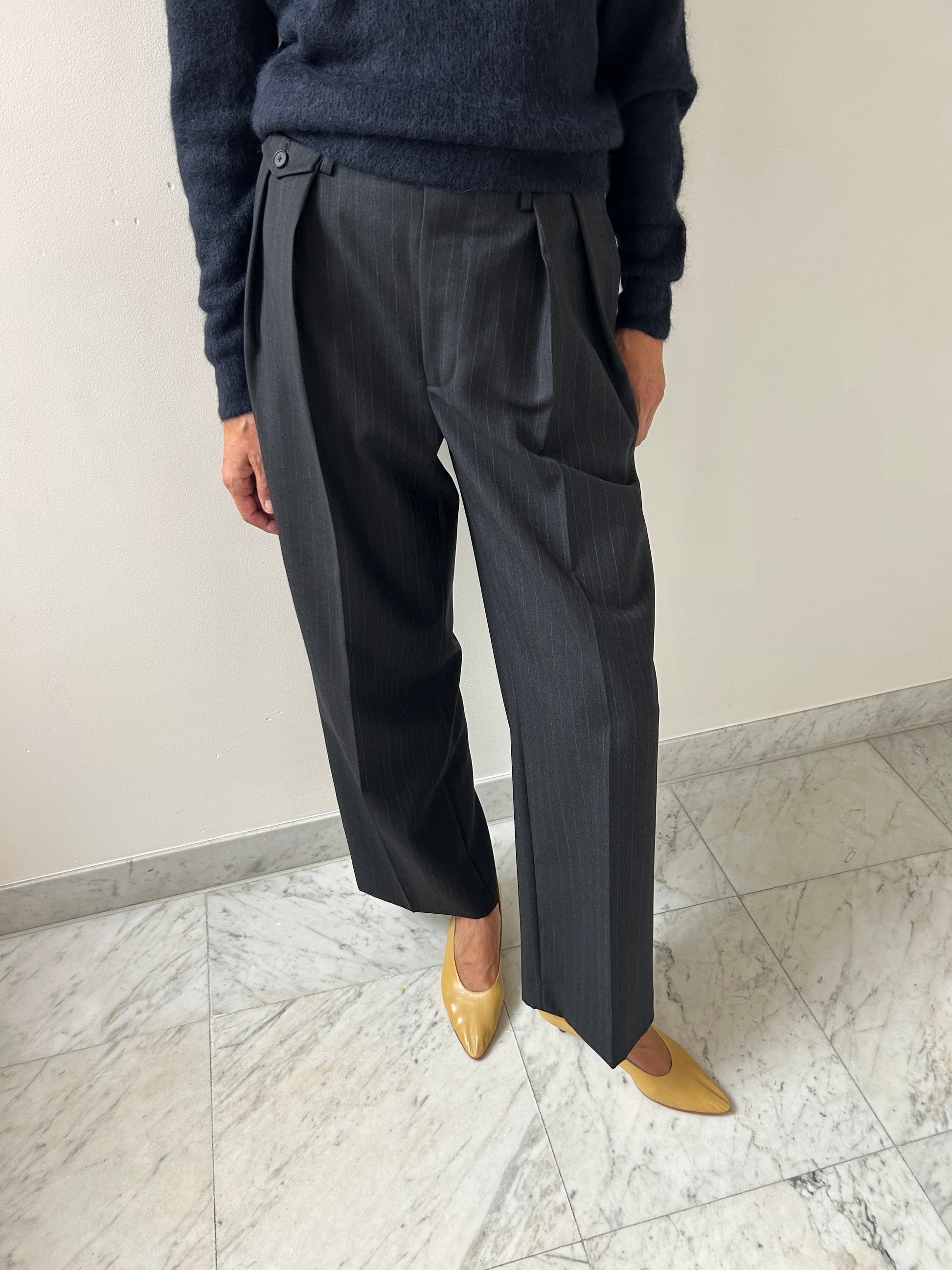 Bluefaced Wool Two-Tuck Slacks, Charcoal Navy Stripe Auralee