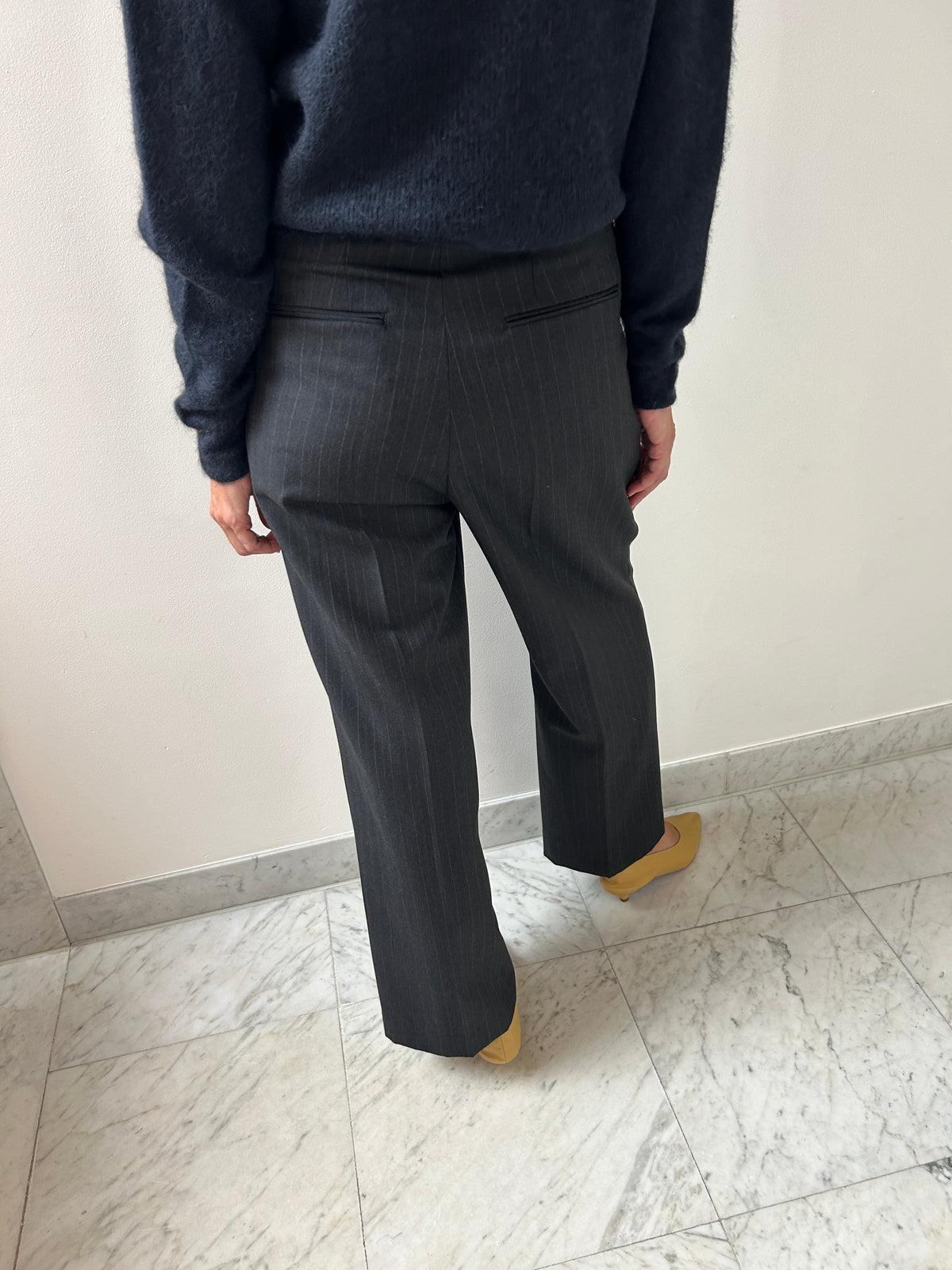 Bluefaced Wool Two-Tuck Slacks, Charcoal Navy Stripe Auralee