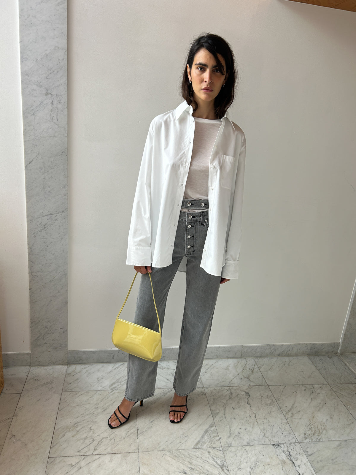 Look with CARMEN House Shirt, White, Eckhaus Latta Shadow Jean, Cement, Maryam Nassir Zadeh Irene Sandal, Black Calf