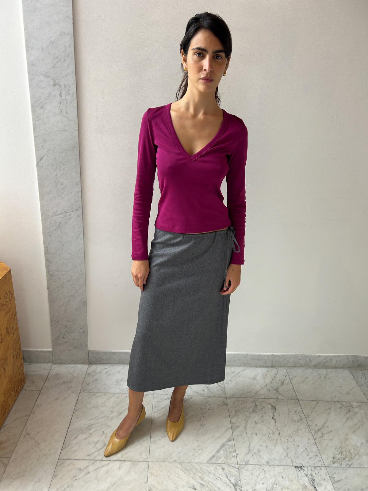Look with Flore Flore Dewi Longsleeve, Magenta, Brooke Callahan Wool Skirt, Grey, Sophie Buhai Reversible Hinged Hoops, Gold Vermeil
