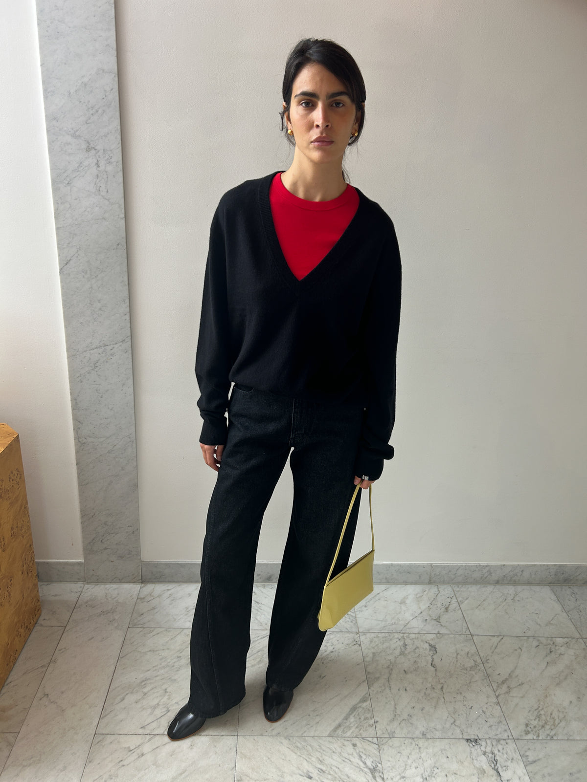 Look with Flore Flore Max Tee, Apple, Extreme Cashmere Ben, Raven, Eckhaus Latta Bend Jean, Black Rinse
