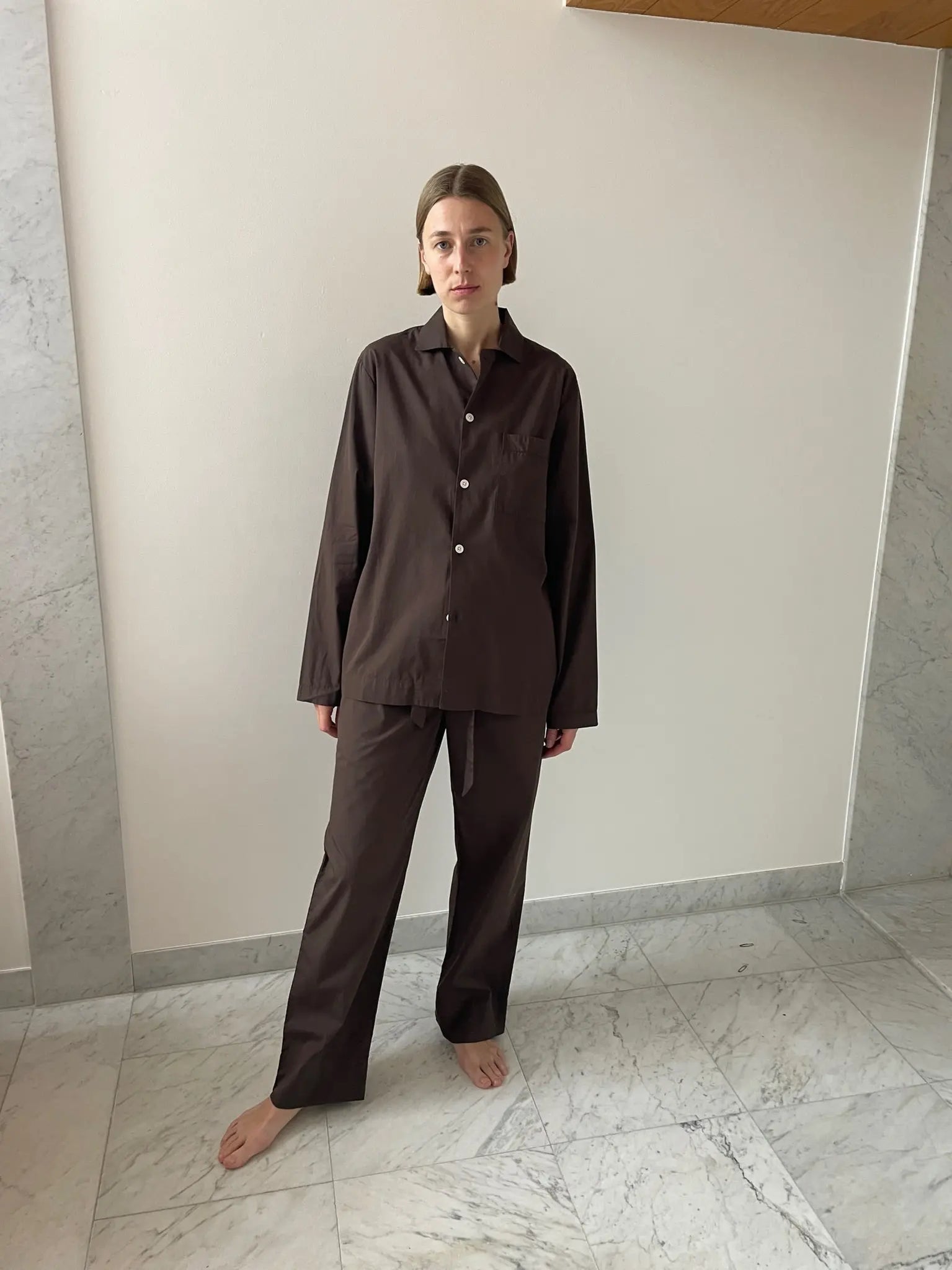 Long-sleeved Pyjama Shirt, Coffee TEKLA