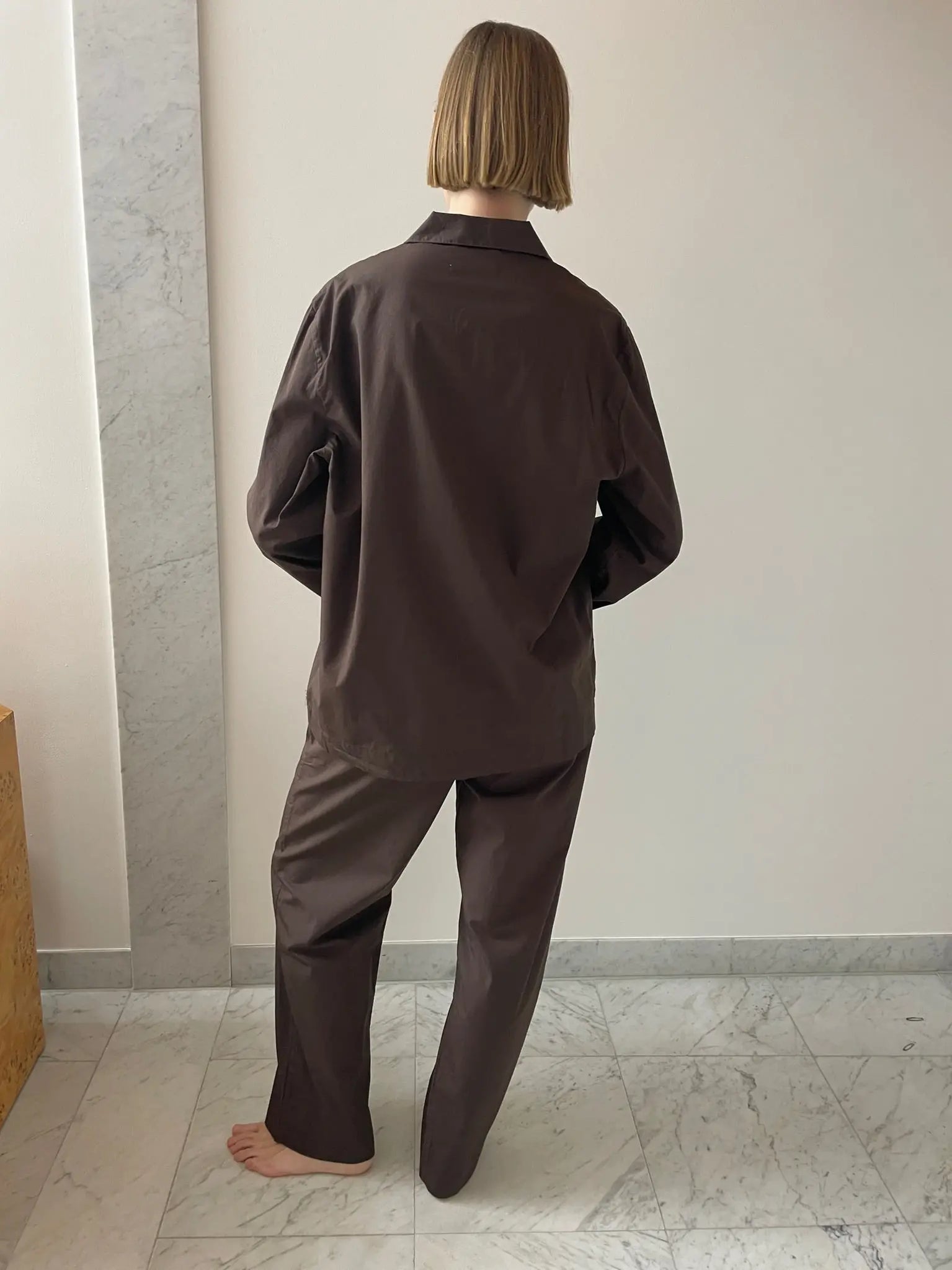 Long-sleeved Pyjama Shirt, Coffee TEKLA