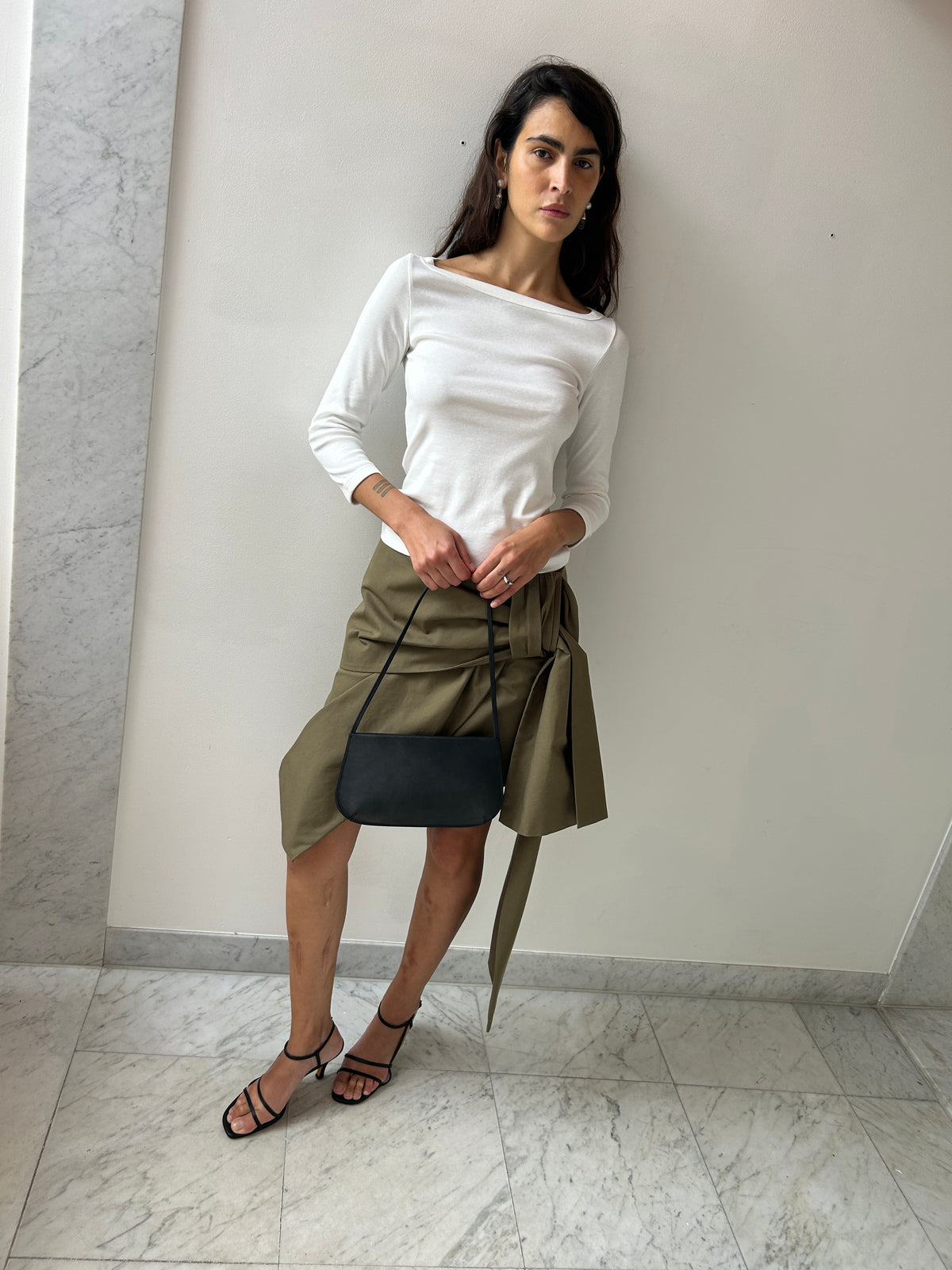Look with Flore Flore Steffi Tee, White, Sophie Buhai Audrey Earrings, Quartz, Fidan Novruzova Veera Skirt, Khaki