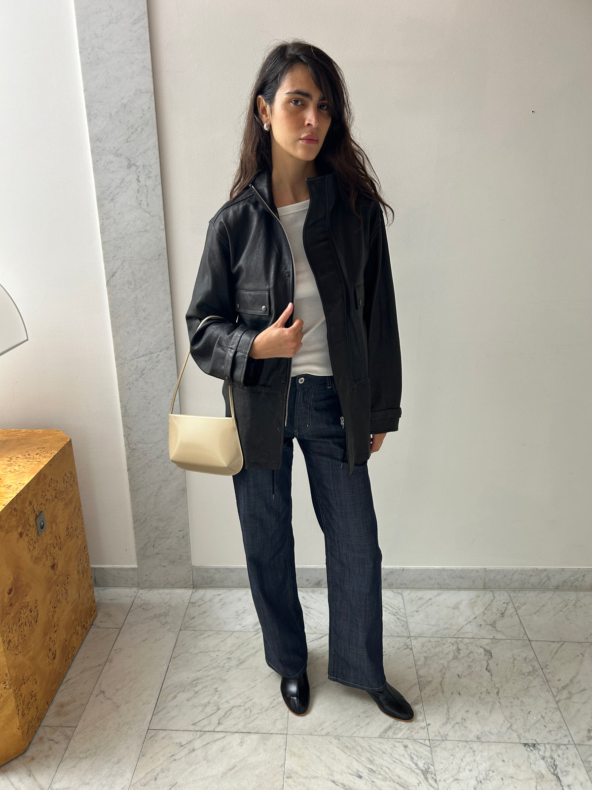 Look with Auralee Textured Lamb Leather Blouson, Black, Olga Basha Sal Low Rise, Raw Denim, Fane Bra, Latte