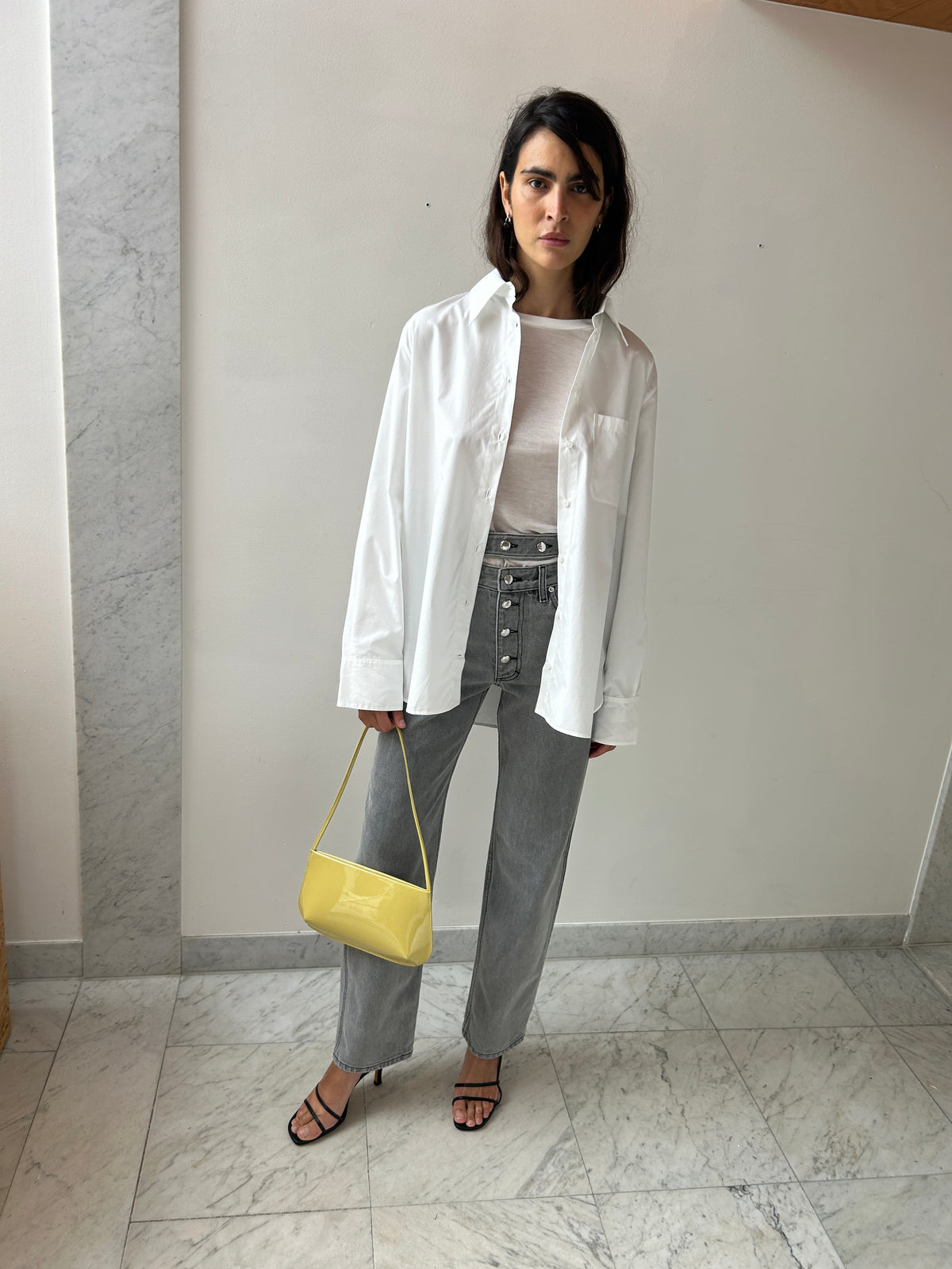 Look with CARMEN House Shirt, White, Eckhaus Latta Shadow Jean, Cement, Maryam Nassir Zadeh Irene Sandal, Black Calf