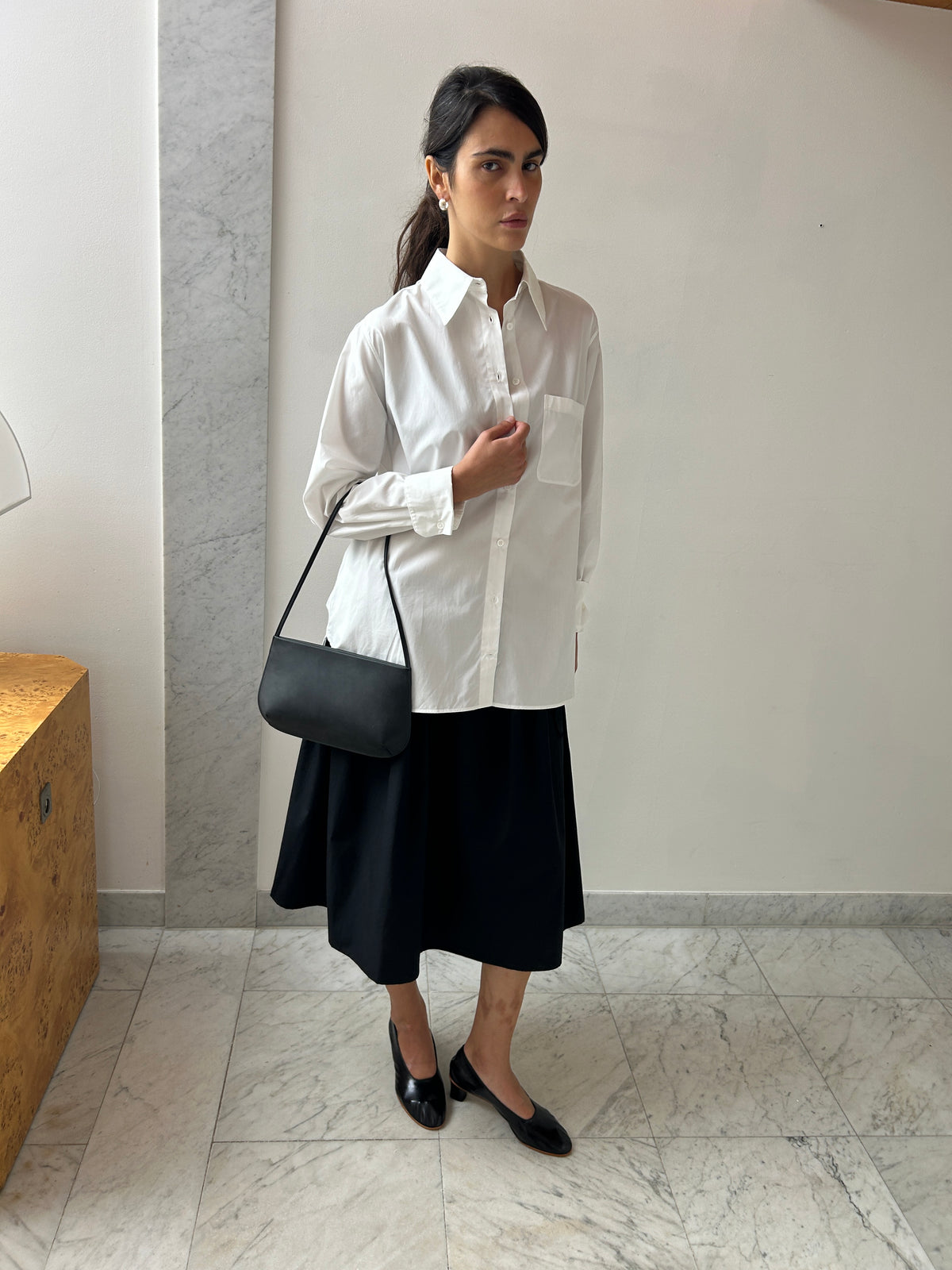 Look with CARMEN House Shirt, White, Sophie Buhai Large Reversible Hinged Hoops, Silver, Fane Bra, Noir Calf