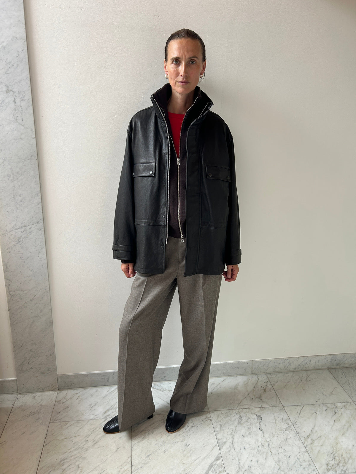Textured Lamb Leather Blouson, Black Auralee