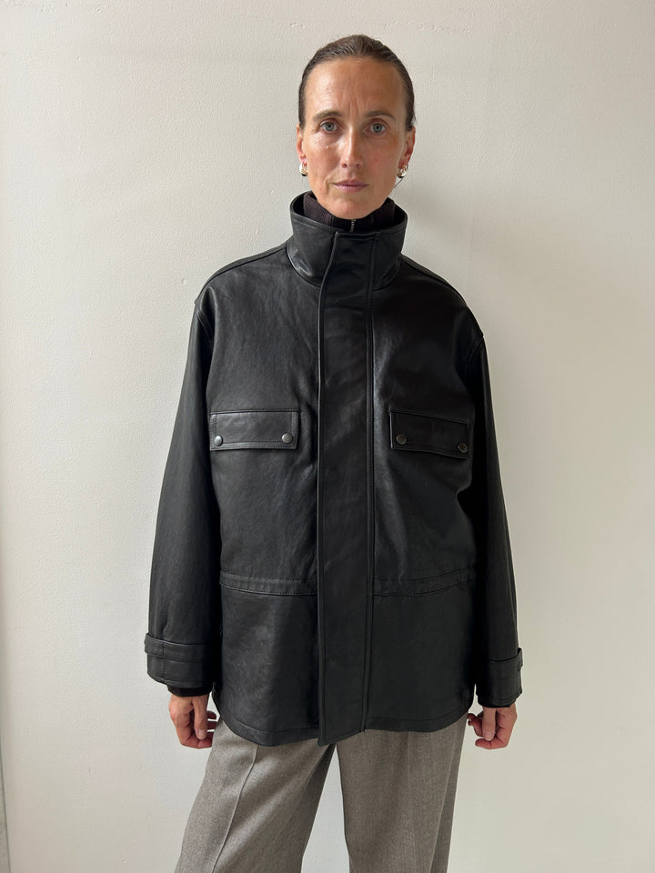 Textured Lamb Leather Blouson, Black Auralee