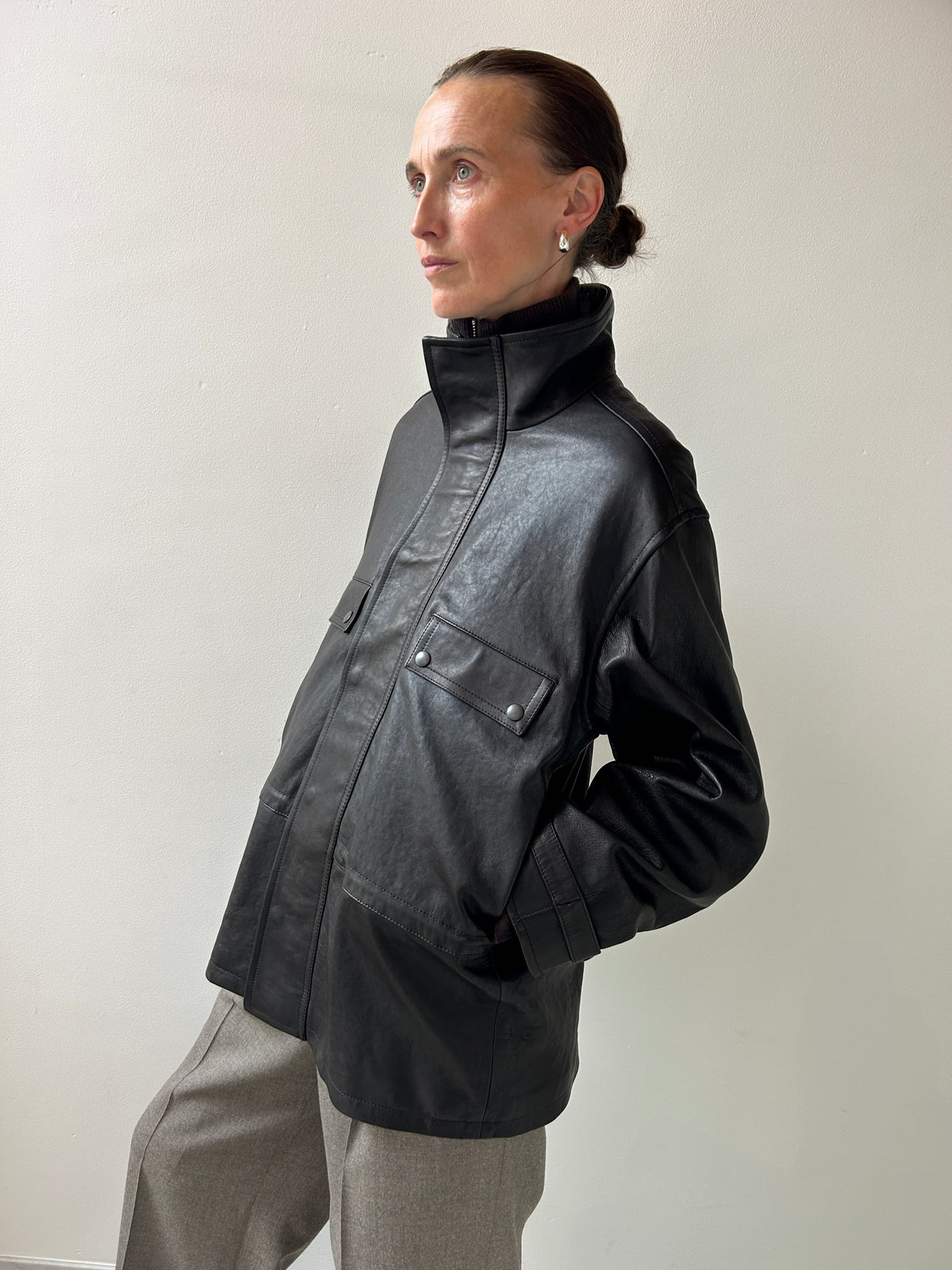 Textured Lamb Leather Blouson, Black Auralee