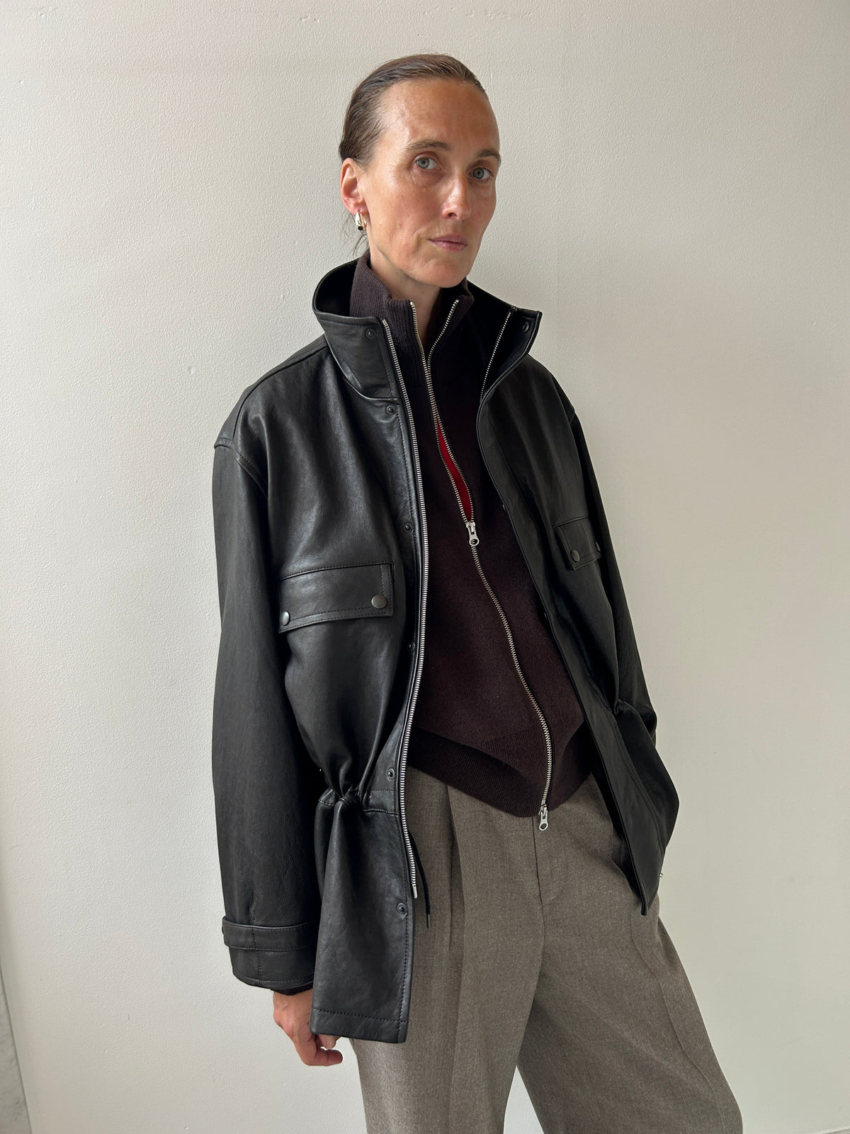 Textured Lamb Leather Blouson, Black Auralee